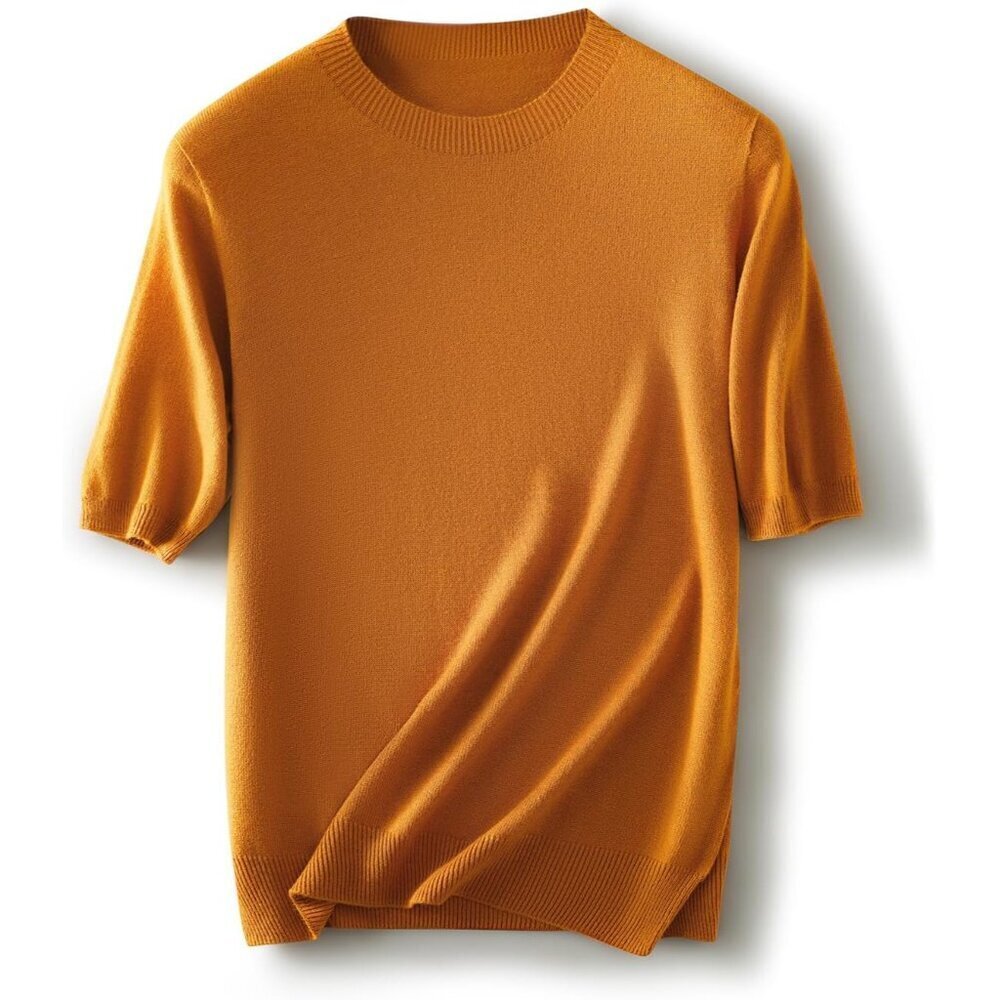 Women's Merino Wool Blend Crew Neck Sweater Short Sleeve Warm Breathable
